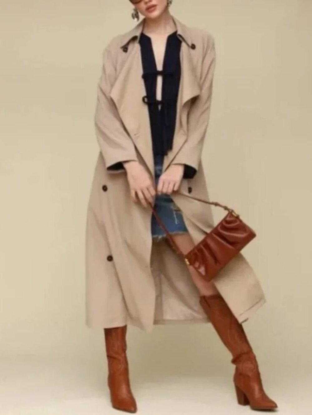 Avec Les Filles Draped Double Breasted Tan Trench Coat